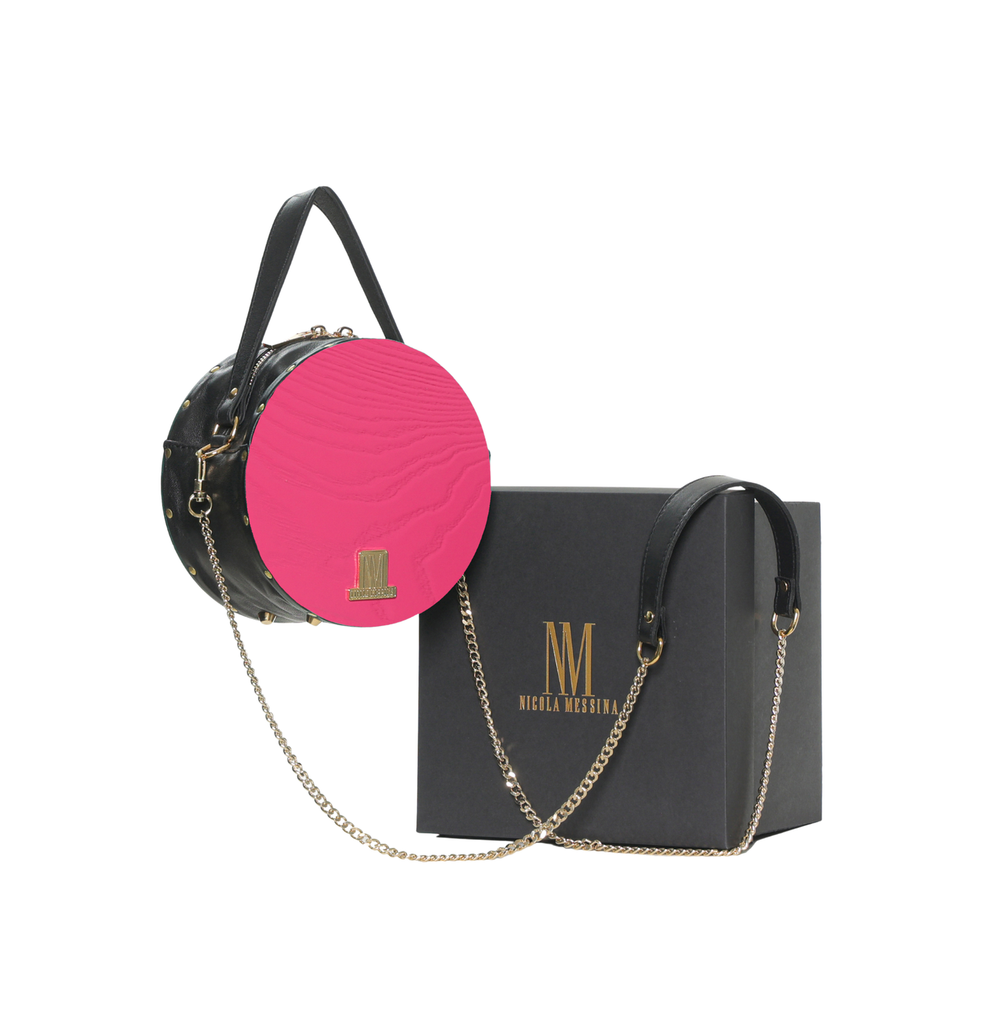 BORSA IN PELLE CON RICHIAMI IN LEGNO - Fucsia