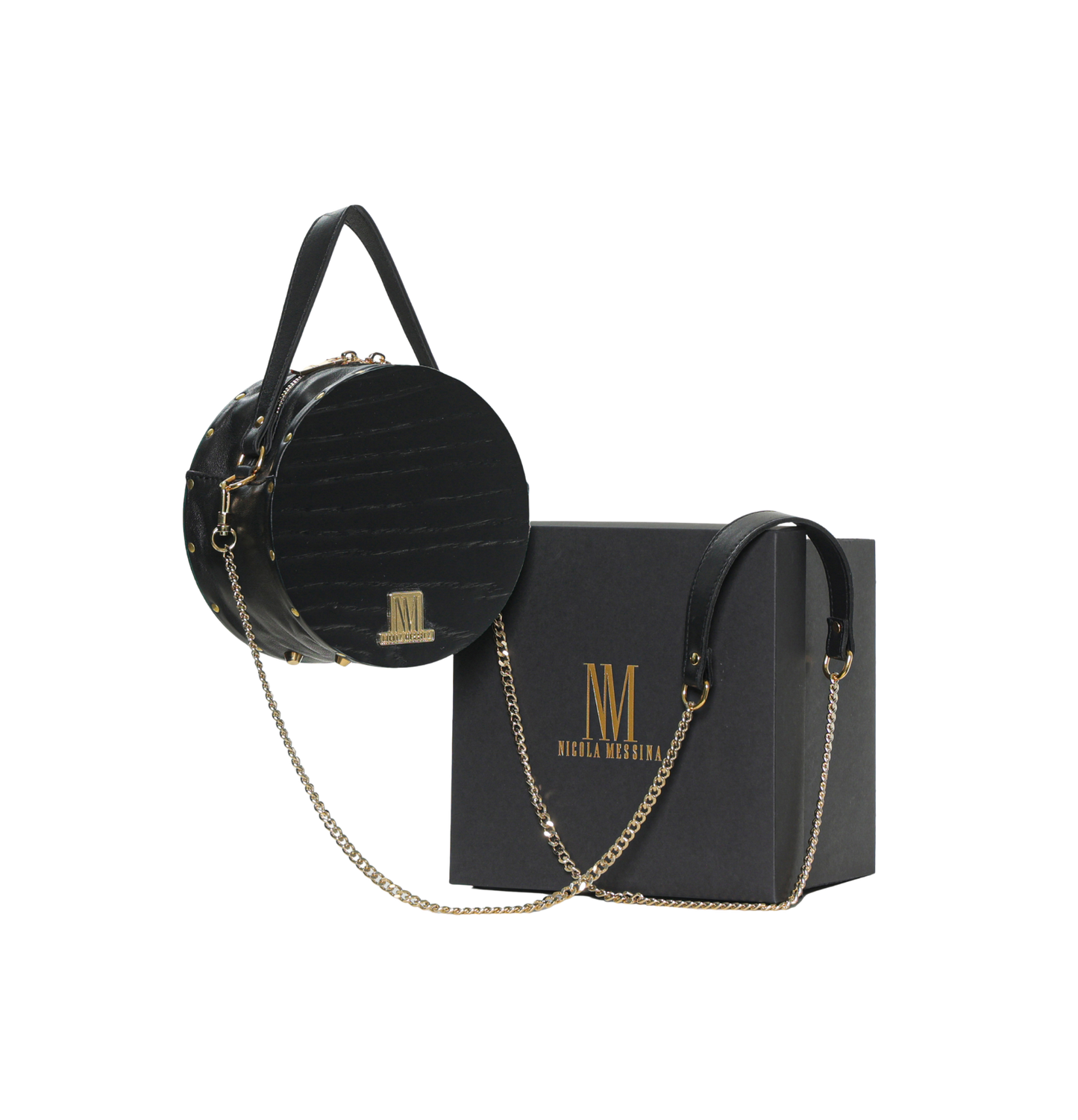 BORSA IN PELLE CON RICHIAMI IN LEGNO - Nero