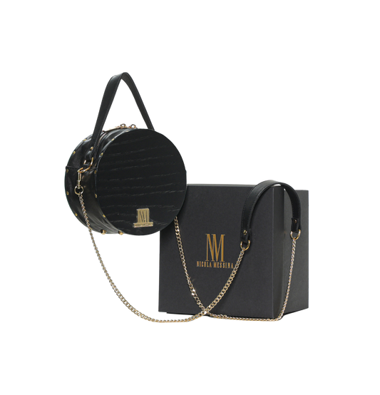 BORSA IN PELLE CON RICHIAMI IN LEGNO - Nero