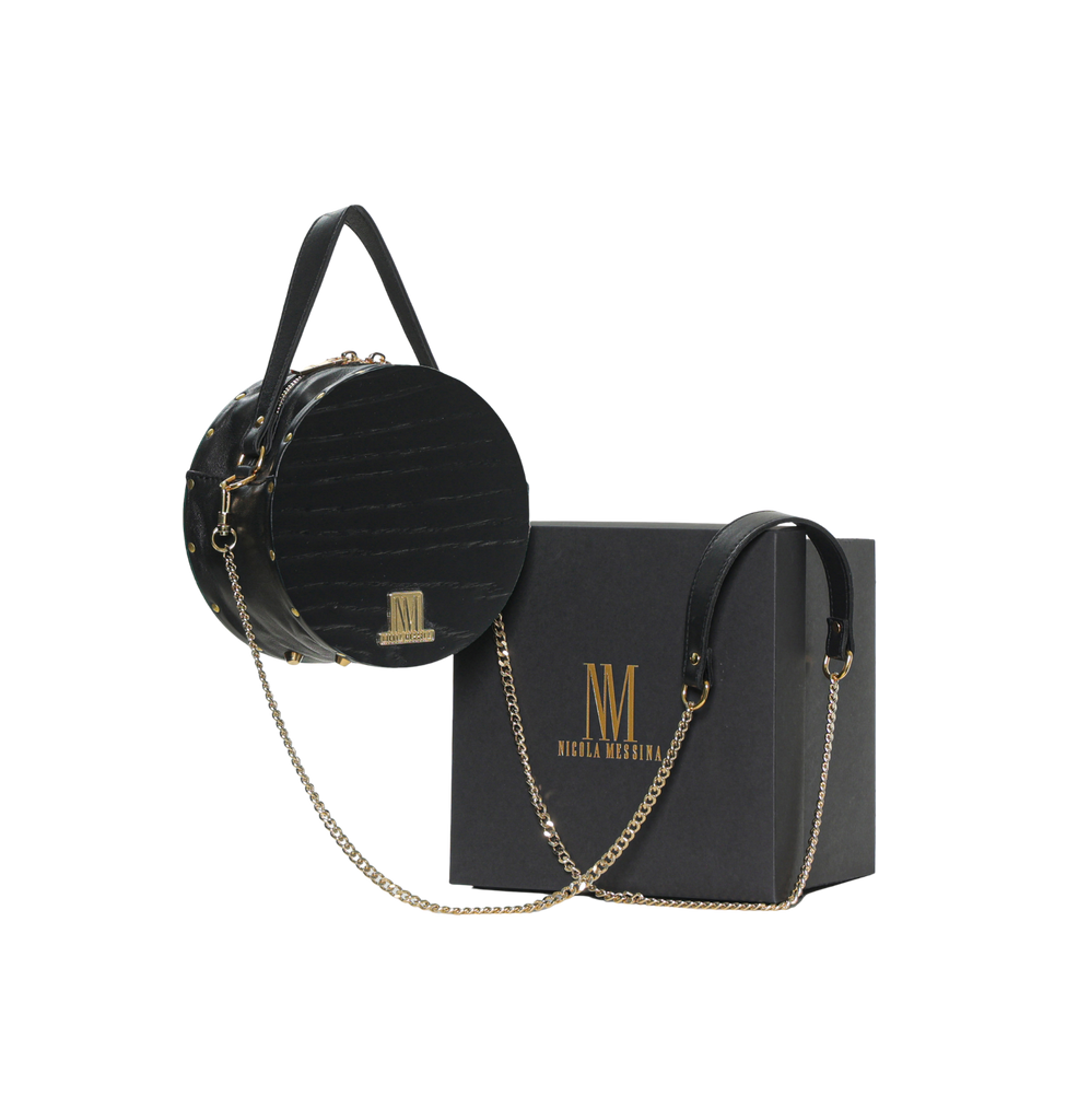 BORSA IN PELLE CON RICHIAMI IN LEGNO - Nero