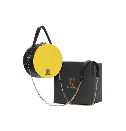 BORSA IN PELLE CON RICHIAMI IN LEGNO - Giallo