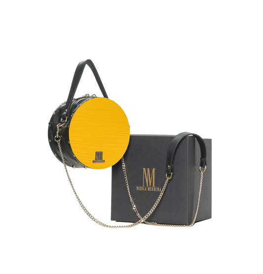 BORSA IN PELLE CON RICHIAMI IN LEGNO - Giallo Senape